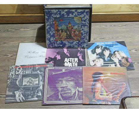 A case containing approx. 30 LPs including Jimi HEndrix, The Rolling Stones etc. 