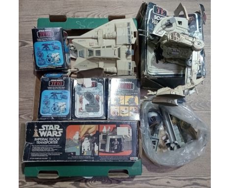 A box of vintage Star Wars toys to include a scout walker vehicle, an imperial Troop transporter, an INT-4 interceptor, a Tri