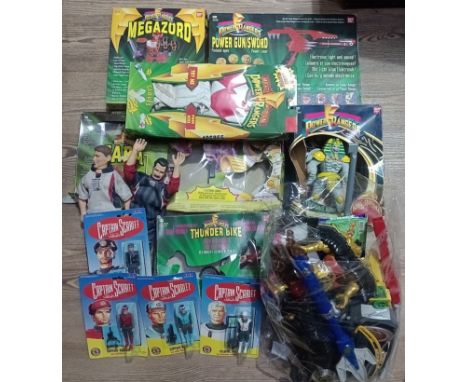 A box containing vintage power rangers toys (mostly boxed), 4 x Captain Scarlett figures in original packages and 2 football 