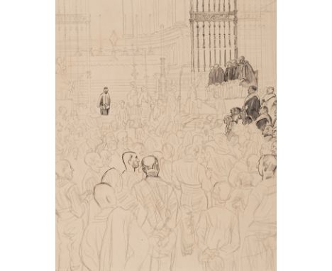 Spanish school of the 20th century."Interior scene of a cathedral".Pencil and ink on paper.Provenance: private collection con