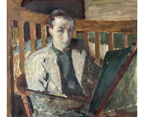 ‡ JOHN ELWYN oil on paper - self-portrait of artist working, circa 1937, signed and titled under mountDimensions: 24 x 27cmsP