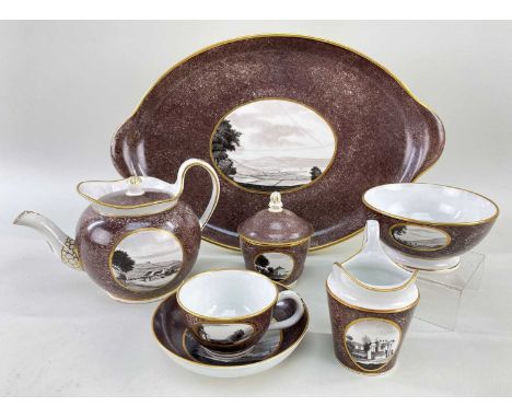 AN IMPORTANT SWANSEA PEARLWARE CABARET SET circa 1805, comprising twin-handled oval tray, teapot and cover, sucrier and cover