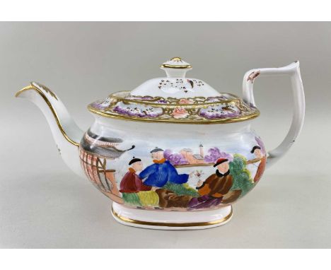 SWANSEA PORCELAIN TEAPOT &amp; COVER IN THE MANDARIN PATTERN circa 1814-1822, rounded and bellied rectangular form with mould