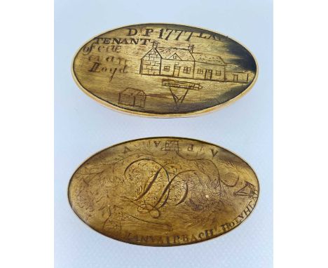 RARE WELSH FOLK-ART HORN SNUFF BOX WITH MASONIC EMBLEMS in believed sheep-horn, probably generational, oval lidded form, sgra