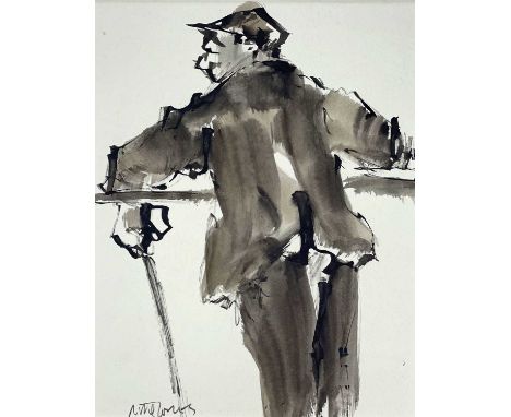 ‡ MIKE JONES ink wash - farmer with a stick leaning over fence, signedDimensions: 23 x 18cmsProvenance:private collection Car