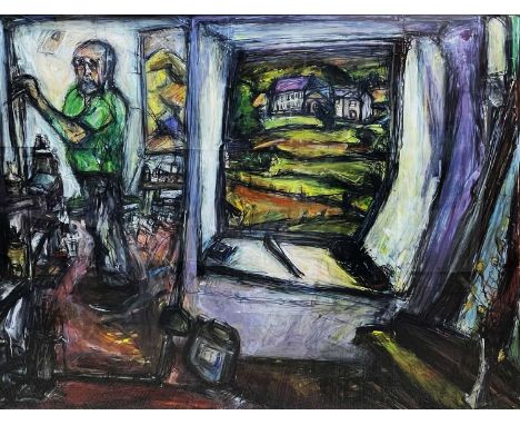 ‡ PETER PRENDERGAST exceptionally large mixed media - self portrait of the artist in his studio, with view out of the studio 