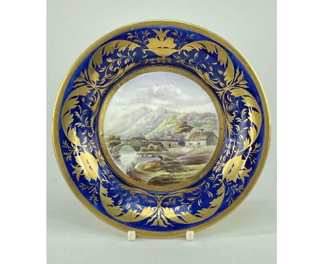 SWANSEA PORCELAIN CABINET CUP STAND circa 1815-1817, centre painted by George Beddow with figure and cottage in river and mou