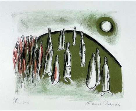 ‡ FRANCES RICHARDS artist proof lithograph - figures on a hillside looking towards the moon, entitled 'Mystic', signed in ful