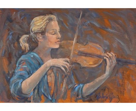 ‡ VALERIE GANZ oil on card - head and shoulders portrait of violinist Heather Badke at the Brecon Jazz Festival, signedDimens