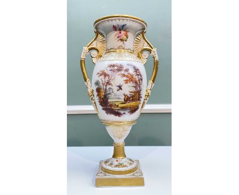 FINE &amp; RARE SWANSEA PORCELAIN VASE circa 1817-1820, of slender ovoid shape with a round pedestal base mounted on a square