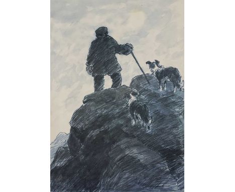 ‡ SIR KYFFIN WILLIAMS RA artist proof print - farmer on mountaintop accompanied by two sheepdogs, signed in fullDimensions: 5