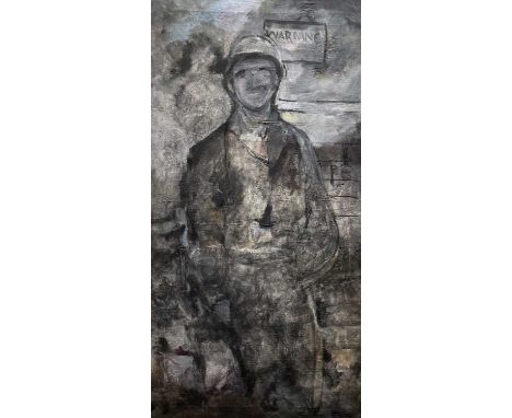 GEORGE CHAPMAN oil on canvas - portrait of a standing miner in overalls and helmet, leaning against a wall with a sign above 