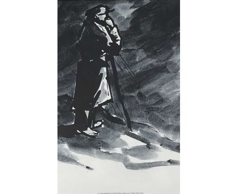 ‡ SIR KYFFIN WILLIAMS RA monochrome print - farmer leaning on stick in a stormDimensions: 59 x 38cmsProvenance:private collec