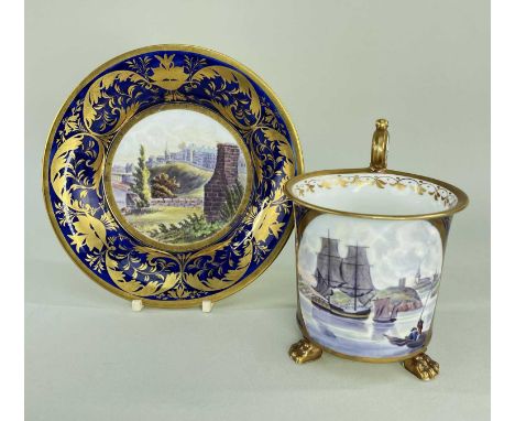 FINE SWANSEA PORCELAIN TOPOGRAPHICAL CABINET CUP &amp; STAND OF TENBY INTEREST, circa 1815-1817, the cup with everted rim and