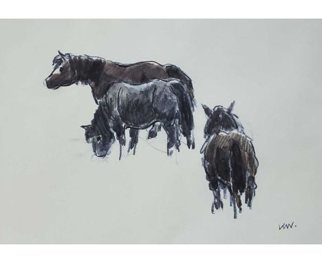 ‡ SIR KYFFIN WILLIAMS RA coloured print - three standing Welsh mountain ponies, signed with initialsDimensions: 24 x 34cmsPro