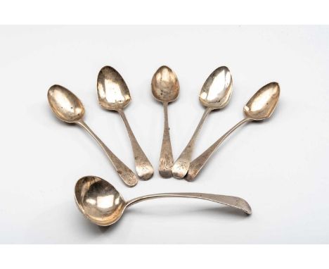 ASSORTED GEORGIAN SILVER SPOONS, to include five dessert spoons and a sauce ladle, various hallmarks, tot. wt. approx. 7.25 o