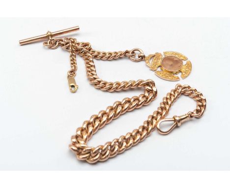 9CT GOLD GRADUATED CURBLINK ALBERT CHAIN, with T-bar, fob with blank cartouche, 38.5cm, wt. 72.73g approx.