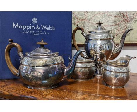 ELIZABETH II FOUR PIECE SILVER TEA SET, comprising teapot, pedestal pot, cream jug and sucrier, oval shape, engraved border a