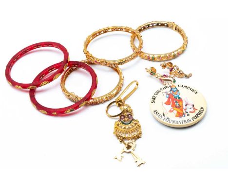 ASSORTED GOLD PLATED JEWELLERY comprising three bangles set with semi-precious stones, pair of earrings and pendant, two furt