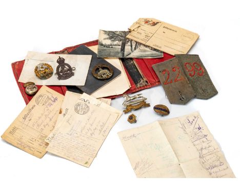 ASSORTED MILITARIA comprising tin of cap badges relating to Royal Welsh Fusiliers, Egypt SWB, Singapore Volunteer Corps, York