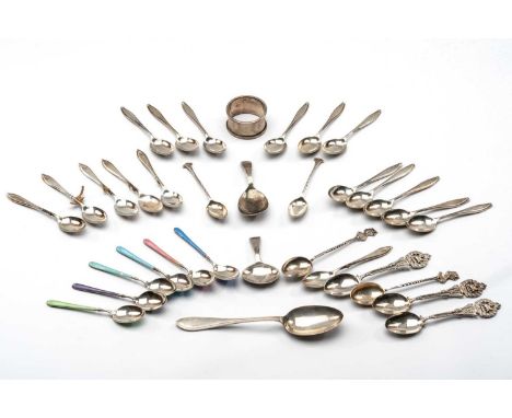 ASSORTED SILVER SPOONS, including set of 6 colour enamelled coffee spoons (some chipped), set of 11 silver coffee spoons, two