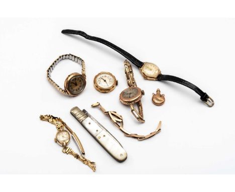 FIVE VINTAGE LADIES WRISTWATCHES, including four in 9ct gold, one plated, with 9ct gold miniature flack and mother of pearl h