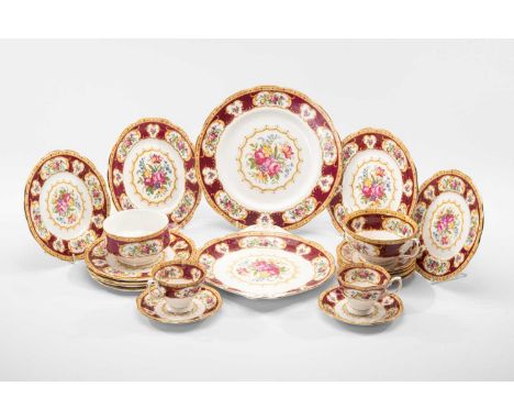 ROYAL ALBERT 'LADY HAMILTON' PATTERN PART DINNER &amp; TEA SERVICE, to include 12 dinner plates, 13 x side plates, 8 x soup c