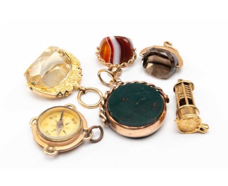 VARIOUS SWIVEL FOBS, to include two quartz, stamped '375', one bloodstone, unmarked, one banded agate 'stamped 375', one comp