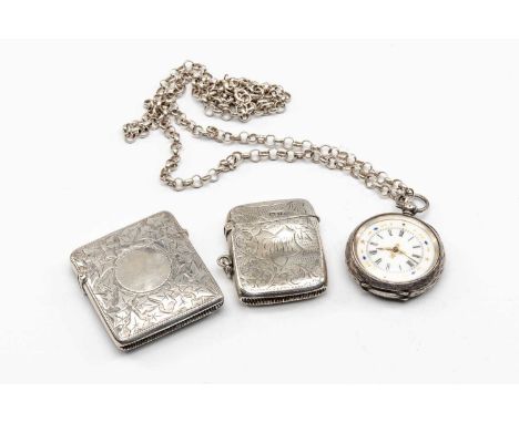 ASSORTED SILVER comprising two silver engraved vesta cases, silver fob watch with enamel face on silver circle link chain, th