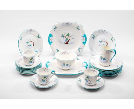 GROSVENOR CHINA 'YE OLDE ENGLISH' PATTERN TEASET FOR TWELVE, decorated with birds, to include cups and saucers, teaplates, mi