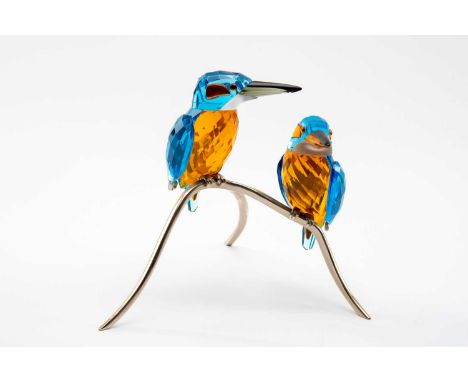 SWAROVSKI CRYSTAL MODEL OF PAIR KINGFISHERS, perched on a branch, coloured glass and metal detail, box with certificate, 18cm