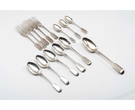 ASSORTED 19th CENTURY FIDDLE PATTERN SILVER FLATWARE, comprising mixed group of tablespoon, a pair and set of three dessert s
