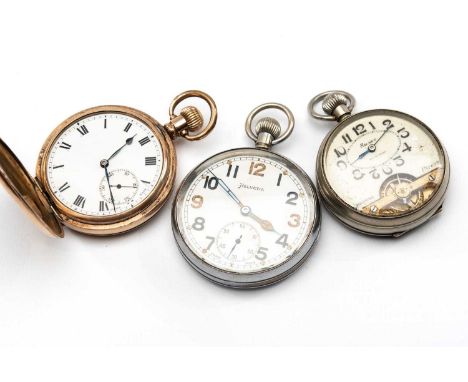 THREE POCKET WATCHES, including Helvetia top-wind military nickel-cased watch with subsid. secs. and cathedral hands, back wi