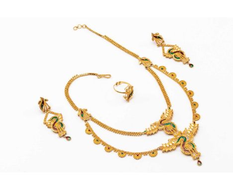 INDIAN YELLOW GOLD PARURE comprising enamel set headdress (maang tikka), pair of matching earrings and ring, the headdress st