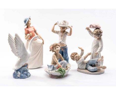 ASSORTED NAO PORCELAIN FIGURES, comprising 'Romantica', 'Large child's sombrero', 'Swan', 'Treasures from the sea pack' (merm