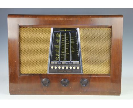 A large 1950's Bush radio, type P.B.22, the walnut case with a central operating panel flanked by two speakers, 43cm high 