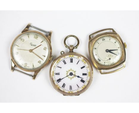 A ladies 9ct gold fob watch with white enamel face and gilt decoartion with black enamel Roman numeral dial, case stamped '9c
