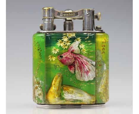 A Dunhill Aquarium table lighter, circa 1950s, the silver plated mounts bearing 'Dunhill', the body set with four lucite pane