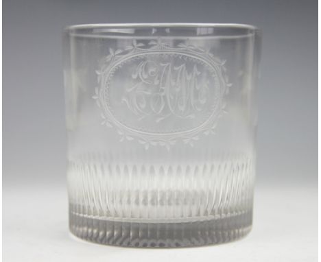 A George III glass rummer, engraved with a central crest of agricultural implements, wheat sheaves and a bulls head flanked b