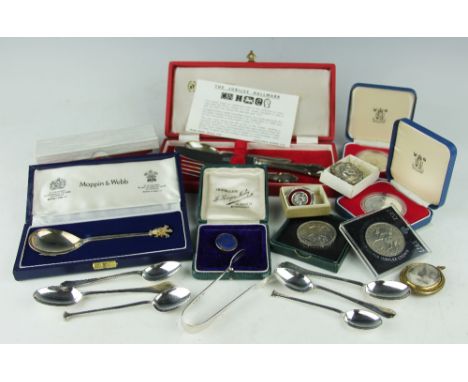 A collection of silver, plated wares and coins, to include; a 1951 crown, two 1977 silver proof Jubilee crowns, ten assorted 