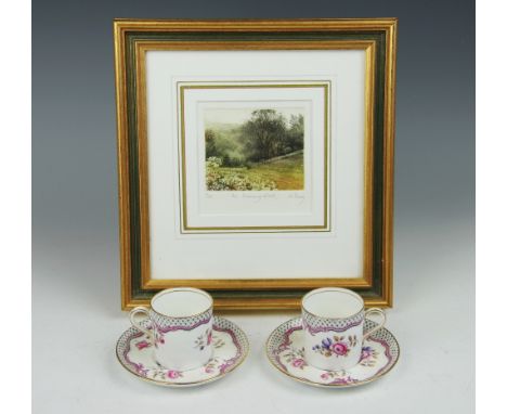 A pair of Aynsley coffee cans and saucers, each decorated with a pink garland and roses with gilt highlights, along with a Jo