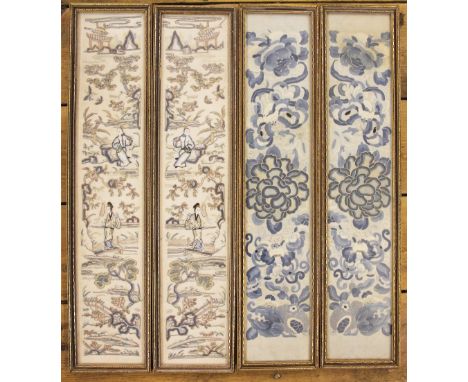 Four pairs of Chinese silk embroidered panels, each rectangular panel depicting blossoming peony buds and foliage, Peony buds
