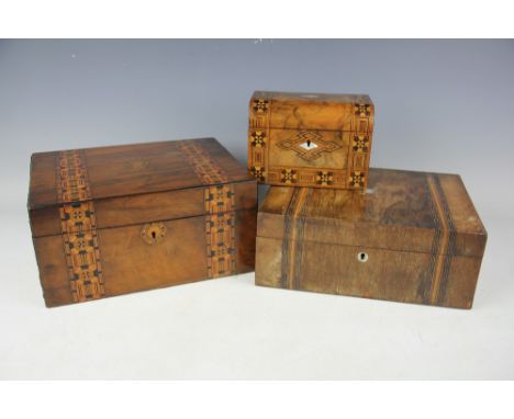 Two Victorian inlaid walnut work boxes, with various contents, largest 15cm H x 31cm W x 23cm D, with a walnut two division t