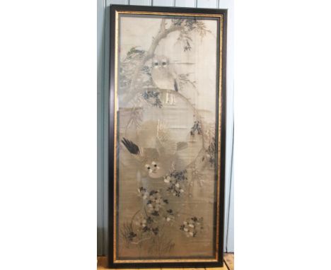 Chinese School, silk embroidered panel, early 20th century, the rectangular panel worked in silk with owls amongst branches, 