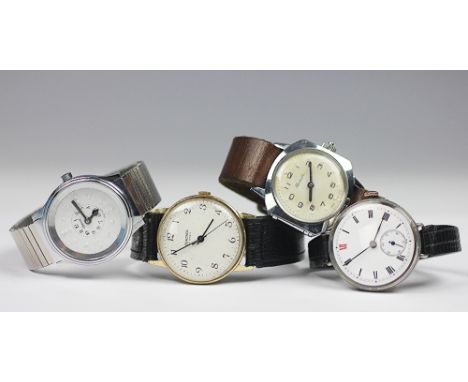 A selection of four wristwatches, to include; a gentlemens Sekonda 17 jewels example with Arabic dial and attached black leat