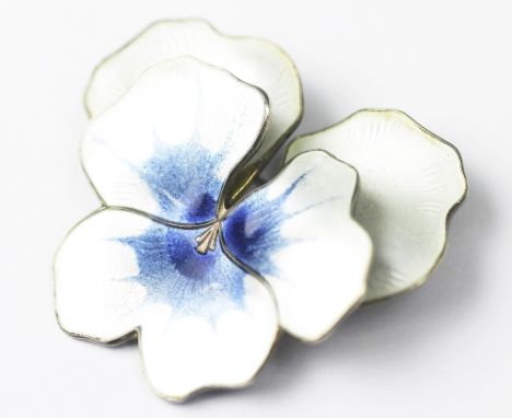 A David Andersen Norwegian enamelled silver brooch, designed as a pansy head enamelled in white and blue, stamped 'David-Ande