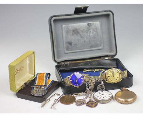 A collection of watches and a medal, to include; a Victorian silver cased open face pocket watch London 1862, with attached s