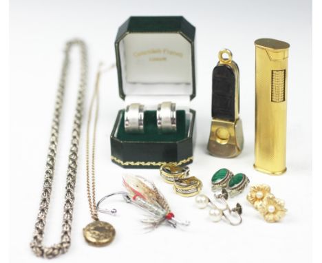 A Dunhill lighter, a cigar cutter, a silver chain, a locket and chain, a selection of earrings and further jewellery (Qty)