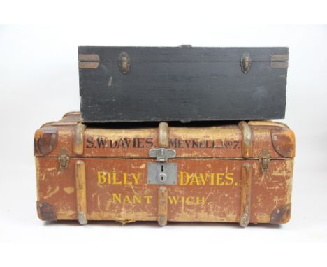An early 20th century vintage steamer trunk, the front named for S.W Davies, Meynell No 7, Billy Davie Nantwich, 30cm H x 84c