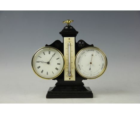 A late Victorian combination time piece, aneroid barometer and thermometer, set to an ebonised stand, 22cm (clock movement at